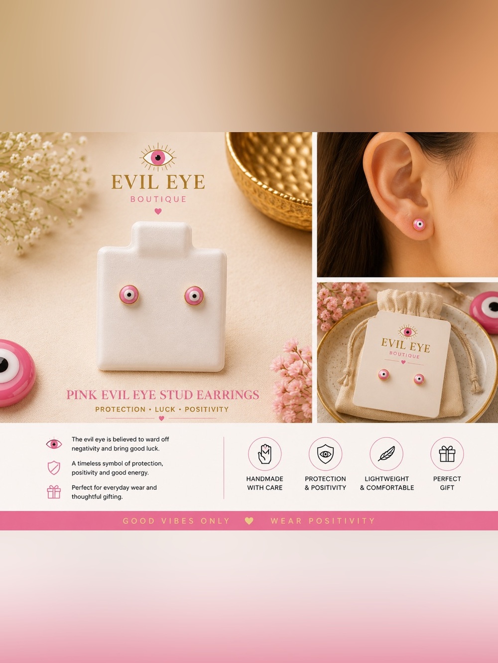 Evil Eye Stud Earrings - Pink & White